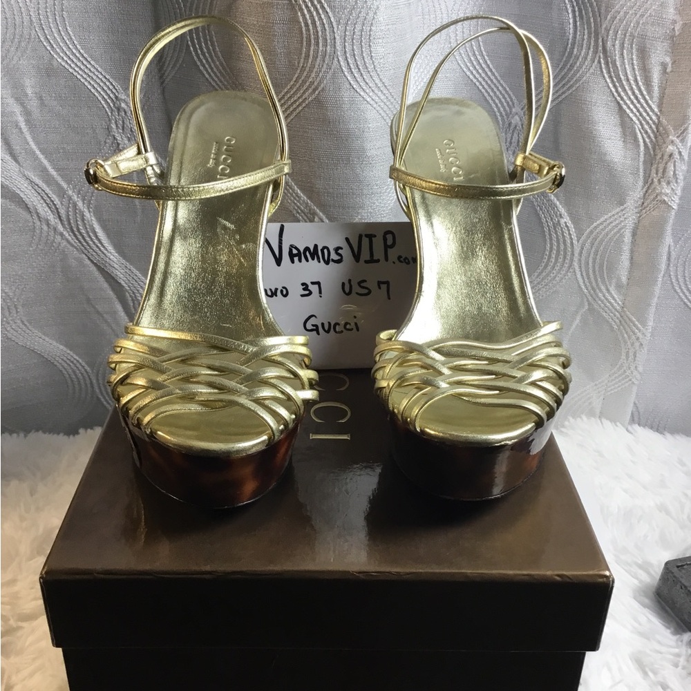 Gucci Metallic Gold Strappy Platform Sandals